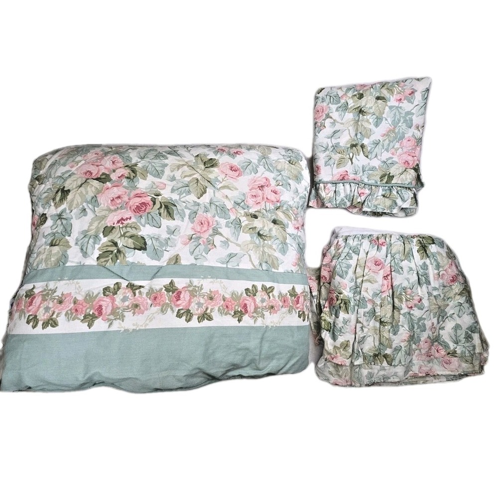 Vtg 80s Laura Ashley Cottage Rose Floral Paisley Comforter Sham Dust Ruffle Set